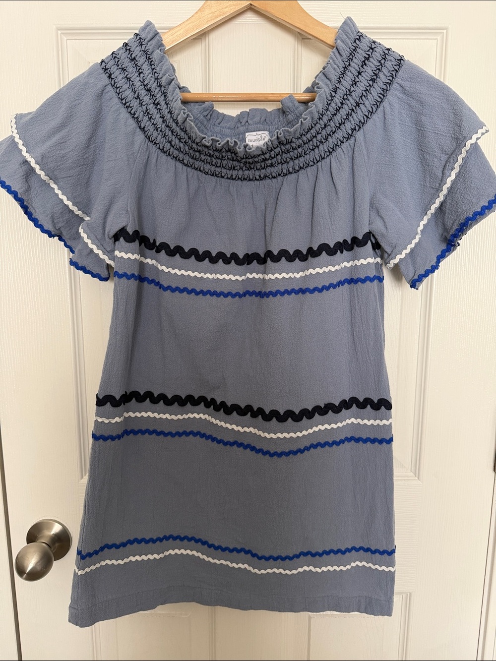 Mud Pie Light Blue Off-Shoulder Dress with Black, White & Blue Trim | Size S